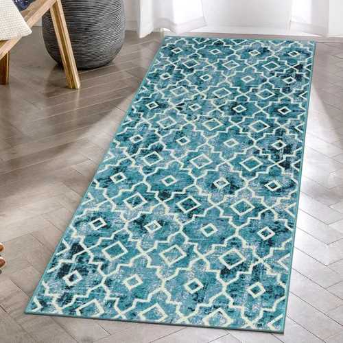 Miniatura 11 de Moynesa Alfombra marroquí lavable de 2 x 3 pulgadas, pequeña, azul, para cocina, baño, suave, antideslizante, de pelo bajo, moderna, geométrica