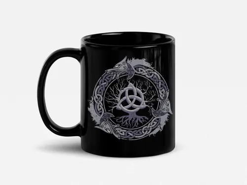 Soul'n'Passions Triquetra Tree of Life - Taza de cerámica nórdica Yggdrasil, 11 onzas, color negro