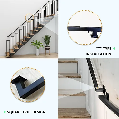 Miniatura 3 de Barandilla de escalera para escalones exteriores o interiores, pasamanos de escalera de metal negro soporte de pared de hierro forjado, barandilla