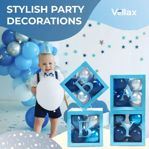 Miniatura 6 de Cajas de baby shower con letras - Cajas azules metálicas con globos metálicos azules y plateados - Juego de 44 piezas para revelación de género