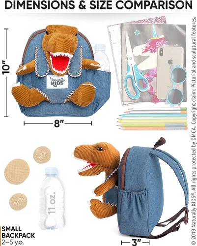 Miniatura 5 de Naturally KIDS Mochilas - Mochila para niños y niñas con animales de peluche - Regalos para niños y niñas de 3 4 5 años 01 Brown T-rex Mochila