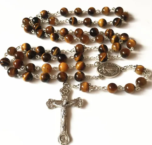 Miniatura 4 de elegantmedical HECHO A MANO Ojo De Tigre Rosario Cuentas Italia Cruz Cruz CRUCIFIJO CATÓLICO COLLAR CAJA DE REGALO, Metal