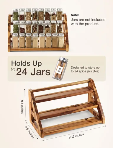 Miniatura 3 de Tinamo Estante de especias de madera de acacia para encimera, bandeja de madera con capacidad para 24 frascos, organizador de especias para estante
