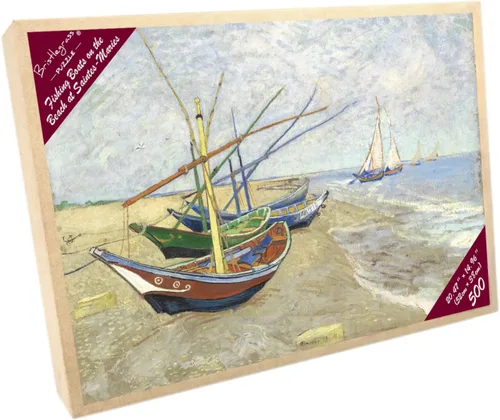 Miniatura 5 de Rompecabezas de madera de 500 piezas para adultos, pinturas famosas de Van Gogh, barcos de pesca en la playa en Les Saintes-Maries-de-la-Mer, Barcos