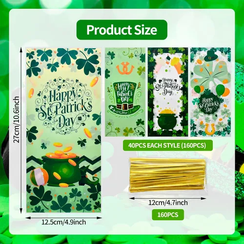 Miniatura 2 de 160 piezas de 4 estilos de bolsas de dulces de celofán del Día de San Patricio con lazos de torsión, diseños de trébol y duende, bolsas de golosinas
