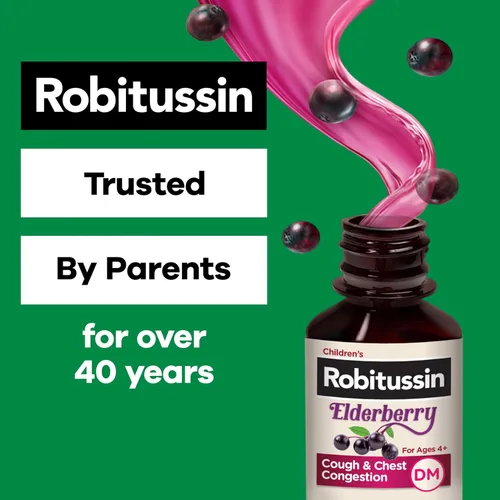 Miniatura 5 de Robitussin Medicamento para la tos y la congestión torácica DM para niños de saúco, alivio de la congestión del pecho y jarabe para la tos, 4 onzas