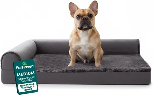 Miniatura 17 de Furhaven - Cama ortopédica de espuma para perros, de piel sintética y gamuza, en forma de L, en dos tonos estilo caja de huevos, color gris piedra