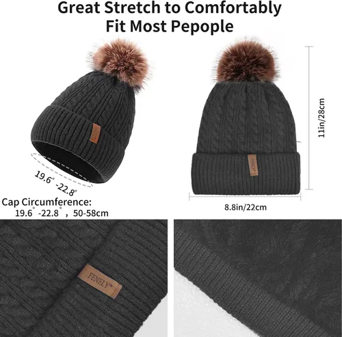 Miniatura 5 de Conjunto de gorro de invierno para mujer, gorro clásico con pompón extraíble, bufanda larga, guantes para pantalla táctil, juego 3 en 1