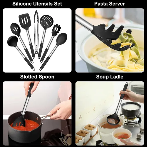 Miniatura 3 de E-far Juego de utensilios de cocina de silicona, 7 piezas de utensilios de cocina resistentes al calor con mango de acero inoxidable, espátula
