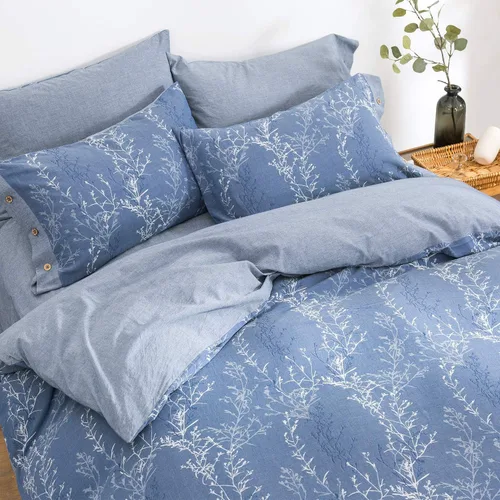 Miniatura 3 de Juego de funda de edredón tamaño matrimonial/queen, hilo de algodón lavado, jacquard azul y blanco, patrón de ramas finas estilo floral, juego