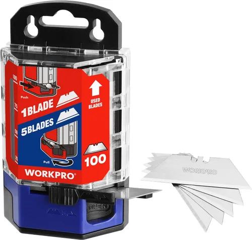 Miniatura 9 de WORKPRO Cuchillas para cuchillos utilitarios, paquete de 100 cuchillas de repuesto con dispensador, acero al carbono SK5, cinta rosa
