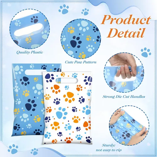 Miniatura 3 de Pasimy 100 bolsas de regalo de pata de perro a granel, diseño de pata de mascota, bolsas de plástico con asa para decoración de fiesta de cumpleaños