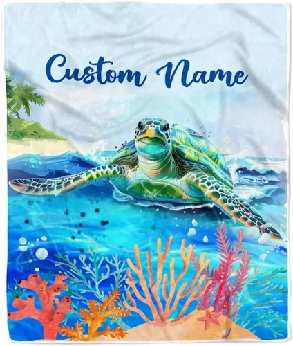 Manta personalizada con nombre de tortuga para bebé, niño, niña, mar, recién nacido, hijo, hija, nieta, sobrina, cumpleaños, Navidad, manta de forro