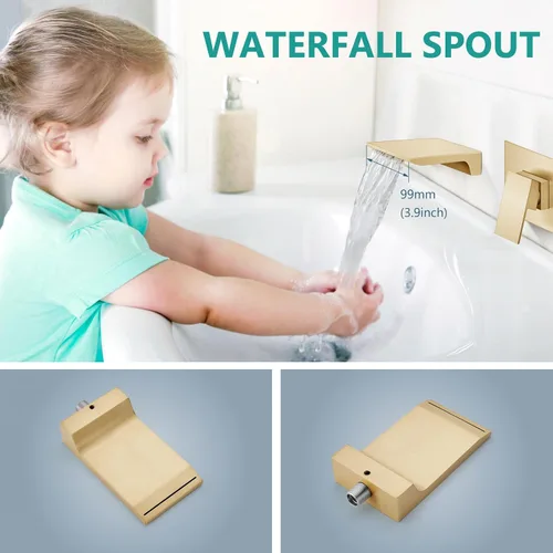 Miniatura 2 de Aolemi Grifo de baño de montaje en pared, relleno de bañera de cascada, grifo de fregadero montado en la pared de una sola manija con válvula, oro
