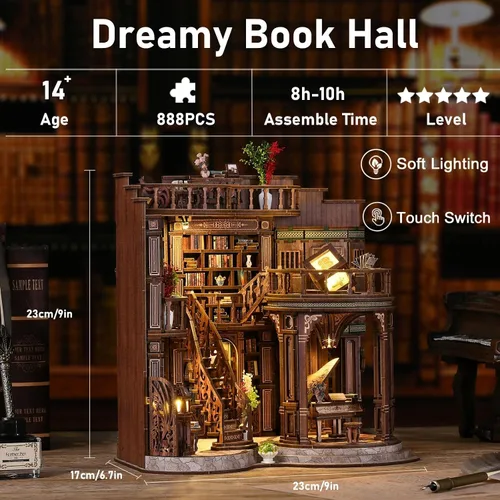 Miniatura 4 de Kit de rincón de libros en miniatura para casa de muñecas, rompecabezas de madera 3D con luz, decoración de estantería de casa pequeña, construcción
