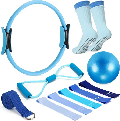 Silipull Juego de 6 anillos de pilates y pelota esenciales para mujeres, pelota de ejercicio de yoga circular de 14 pulgadas, 5 bandas de Azul
