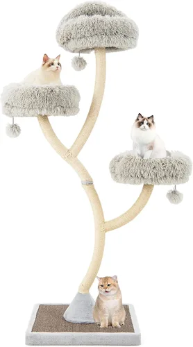 Miniatura 9 de Tangkula Árbol alto para gatos, torre grande de varios niveles para gatos de 70 pulgadas con 3 perchas cálidas, 3 bolas de tintineo, postes Gris