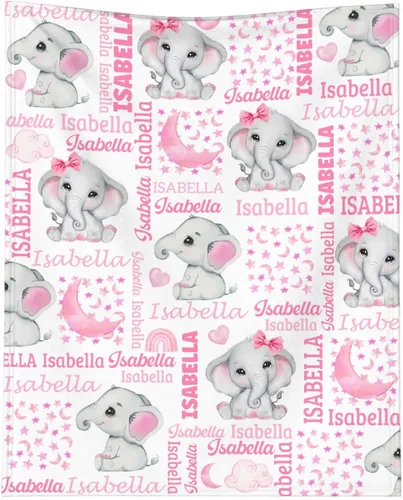 Miniatura 21 de Manta personalizada de elefante para bebés, manta de franela rosa personalizada con nombre para niñas y niños, mantas suaves para sofá y cama