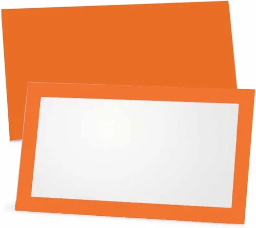 Miniatura 5 de Tarjetas de lugar naranjas, plana o tienda de campaña, paquete de 10 o 50 unidades, parte delantera blanca en blanco con borde, tabla de colocación