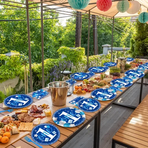 Miniatura 7 de Wiooffen Juego de vajilla para fiesta de cumpleaños de niño de 1 año, azul, 96 piezas, para 24 invitados, platos de papel, servilletas, tenedores
