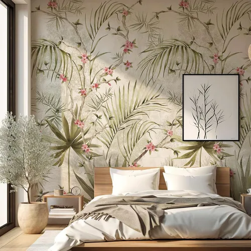 Miniatura 5 de Zeeko Murales de pared botánicos vintage para despegar y pegar, 59 pulgadas de ancho x 110 pulgadas de alto, papel tapiz floral de árbol beige