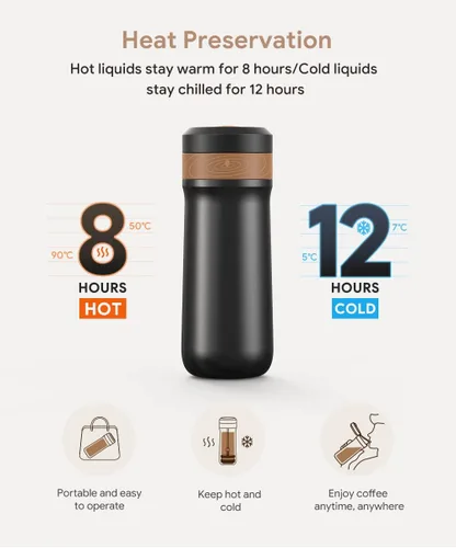 Miniatura 6 de Cafetera portátil de prensa francesa, cafetera francesa de viaje, taza de café de acero inoxidable de 12 onzas, filtro de doble malla, ideal