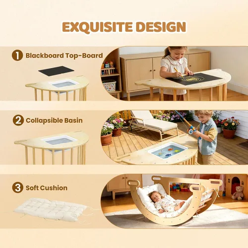 Miniatura 6 de JOYMOR Arco de escalador triangular Pikler 5 en 1 con cojín, mesa sensorial para niños, juguetes de escalada en madera montessori para niños