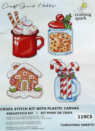 Miniatura 2 de Kit de punto de cruz de conteo sobre lienzo de plástico con dulces de Navidad. 4 adornos de invierno de diferentes dimensiones. 14 hojas de lona