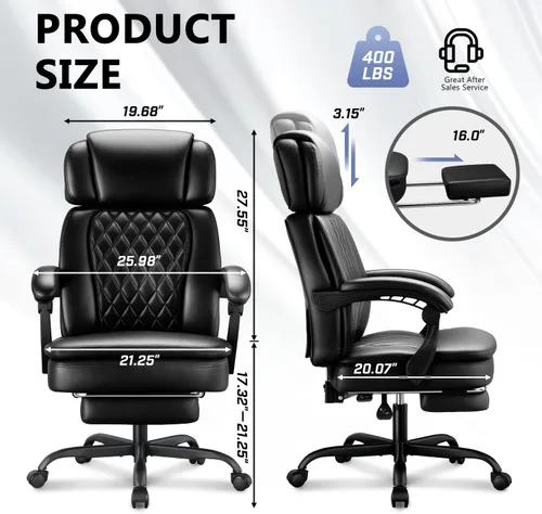 Miniatura 3 de Silla de oficina ejecutiva de 400 libras con reposapiés para personas pesadas, silla de escritorio ergonómica grande y alta con reposacabezas Negro