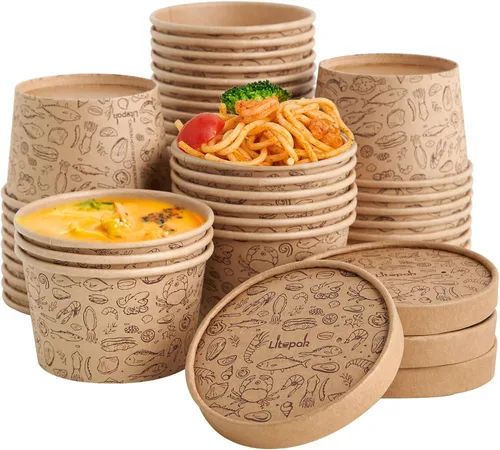 LITOPAK Paquete de 50 recipientes de papel de 8 onzas con tapas ventiladas, vasos de papel kraft para alimentos, recipientes de sopa con tapas,