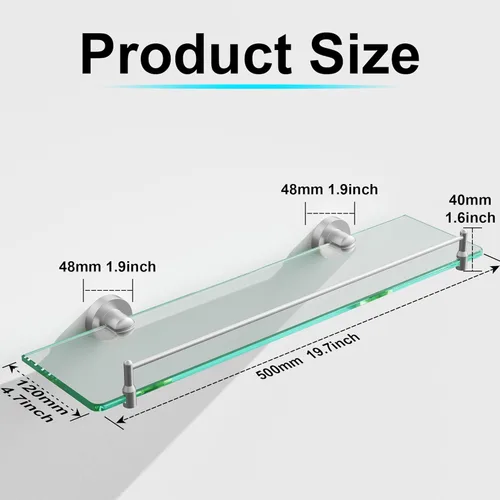 Miniatura 3 de Estantes de vidrio de 20 pulgadas para baño, estante de vidrio flotante de níquel cepillado, estantes de baño de vidrio templado de acero inoxidable