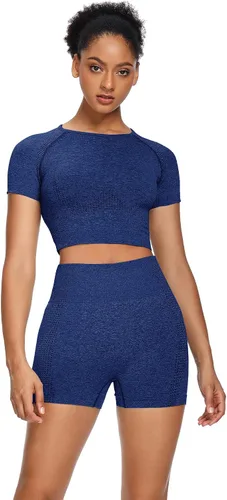 Sytiz Conjunto de 2 piezas de yoga sin costuras para mujer, pantalones cortos de gimnasio y camiseta corta de manga corta
