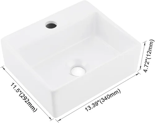 Miniatura 4 de Fregadero de baño de montaje en pared, fregadero de 13.4 x 11.5 pulgadas con soporte para grifo, lavabo rectangular de cerámica de porcelana blanca