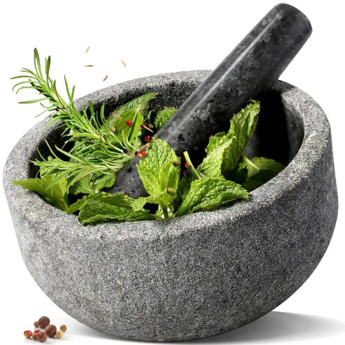Miniatura 19 de Koville Juego de mortero y mortero de granito, 6.3 pulgadas - 2 tazas de molinillo de piedra sin pulir para guacamole, salsa, trituradora