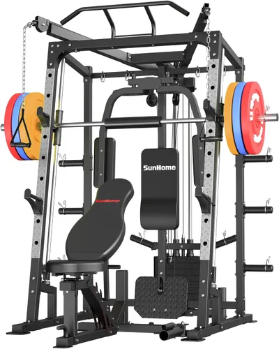 SunHome Smith Machine, soporte para sentadillas Power Cage con barra Smith, sistemas de tracción LAT, máquina cruzada de cables y accesorio de cable
