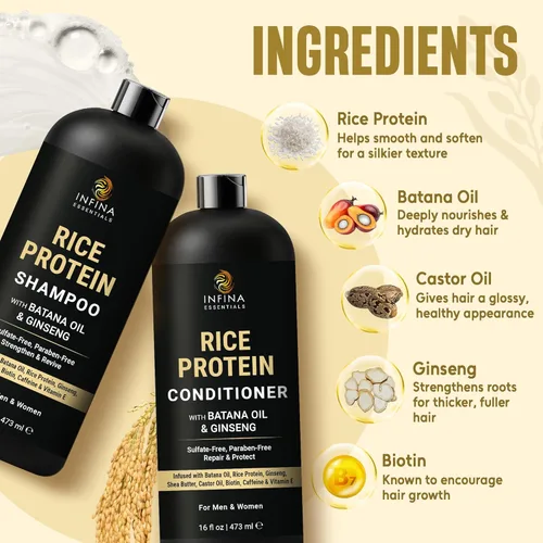 Miniatura 4 de INFINA ESSENTIALS Set de champú y acondicionador de proteína de arroz, 16 onzas líquidas cada uno, con aceite de batana y ginseng, fórmula