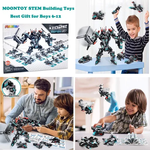 Miniatura 6 de MOONTOY Juego de 577 juguetes de construcción de robot STEM 25 en 1, bloques de construcción, ladrillos, vehículos de construcción, regalos