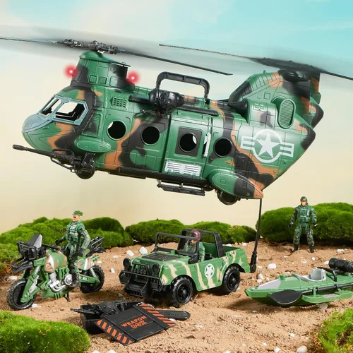 Miniatura 9 de JOYIN Juego de juguetes militares, juguetes militares para niños, incluyendo helicóptero con luz realista, sonido y mango, camiones Bruder, barco
