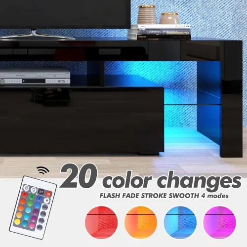 Miniatura 4 de Soporte de TV negro con 2 estantes de almacenamiento y 3 estantes abiertos, TV LED de alto brillo, centro de entretenimiento de TV, consola de TV