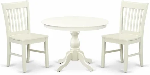 East West Furniture HBNF3-LWH-W - Juego de muebles de comedor de 3 piezas que contiene una mesa de cocina redonda con pedestal y 2 sillas de