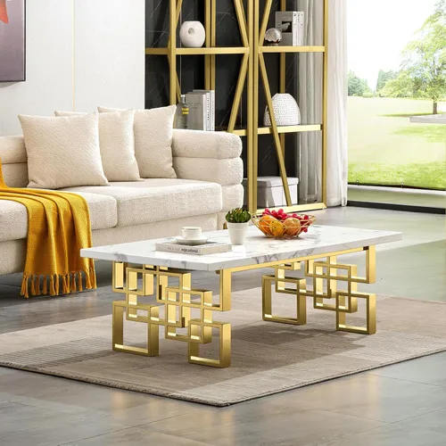 AUZ Mesa auxiliar, mesa rectangular de 50 pulgadas, color blanco y dorado, mesa de té para sala de estar, sala de invitados, sala de recepción Base