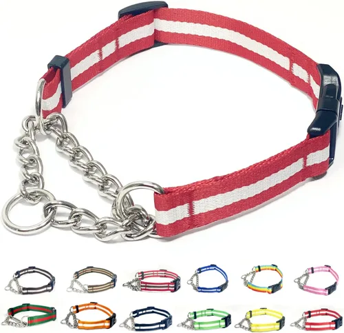 Miniatura 13 de Collar Martingale para perros, collares de nailon ajustables con hebilla de liberación rápida, rayas multicolores, cadena de acero inoxidable