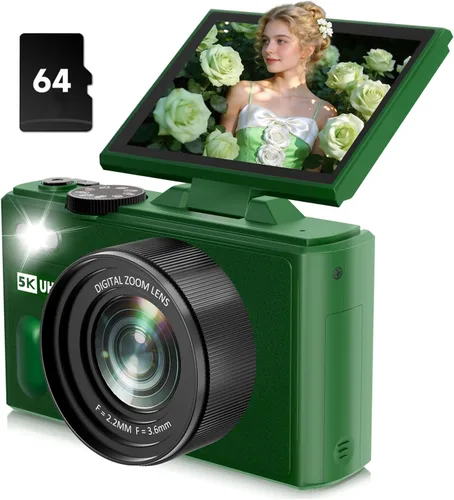 Miniatura 11 de Cámara digital 5K para fotografía, cámara digital de 80 MP con pantalla abatible de 3 pulgadas y 180° con zoom de 18X, tarjeta SD de 64 GB, cámara