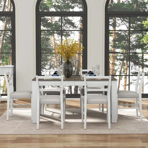 Miniatura 7 de Juego de comedor de madera de 7 piezas, mesa extensible multifuncional con hojas de 12 pulgadas y 2 cajones, más 6 cómodas sillas de comedor