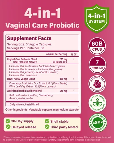 Miniatura 5 de Probióticos vaginales para mujeres, equilibrio de pH con prebióticos, 60 mil millones de probióticos para mujer para flora vaginal, olor, levadura