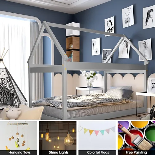 Miniatura 6 de Costzon Base de cama individual de madera, plataforma estable para niños, con techo y listones de alta resistencia, no necesita somier, bricolaje