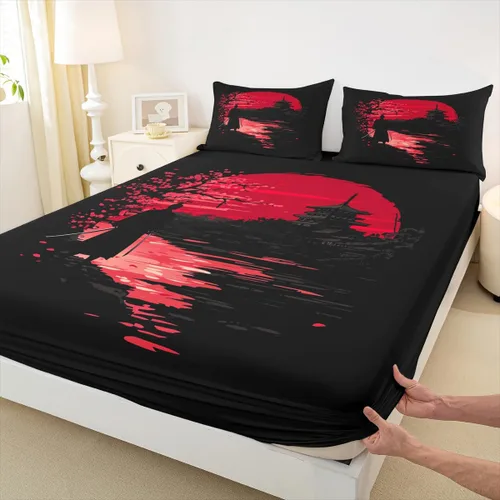 Miniatura 4 de Erosebridal Samurai - Juego de ropa de cama, sábana bajera ajustable, funda de cama samurái japonés, juego de sábanas de silueta de paisaje