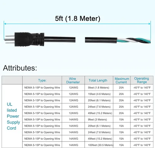 Miniatura 2 de PATIKIL Cable de alimentación de CA, 5 pies 12 AWG, cable de fuente de alimentación de repuesto de 3 clavijas 5-15P para aparato de CA universal