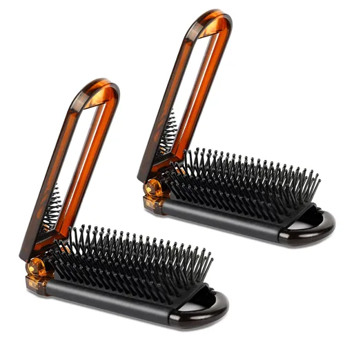Miniatura 8 de Cepillo de pelo de viaje con espejo y peine de masaje, paquete de 2 herramientas de peinado compacto plegable para mujeres y hombres 2 Pack negro