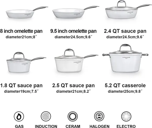Miniatura 2 de Juego de utensilios de cocina de cerámica antiadherente, aptos para inducción y lavavajillas, resistentes a los arañazos, juego de ollas y sartenes